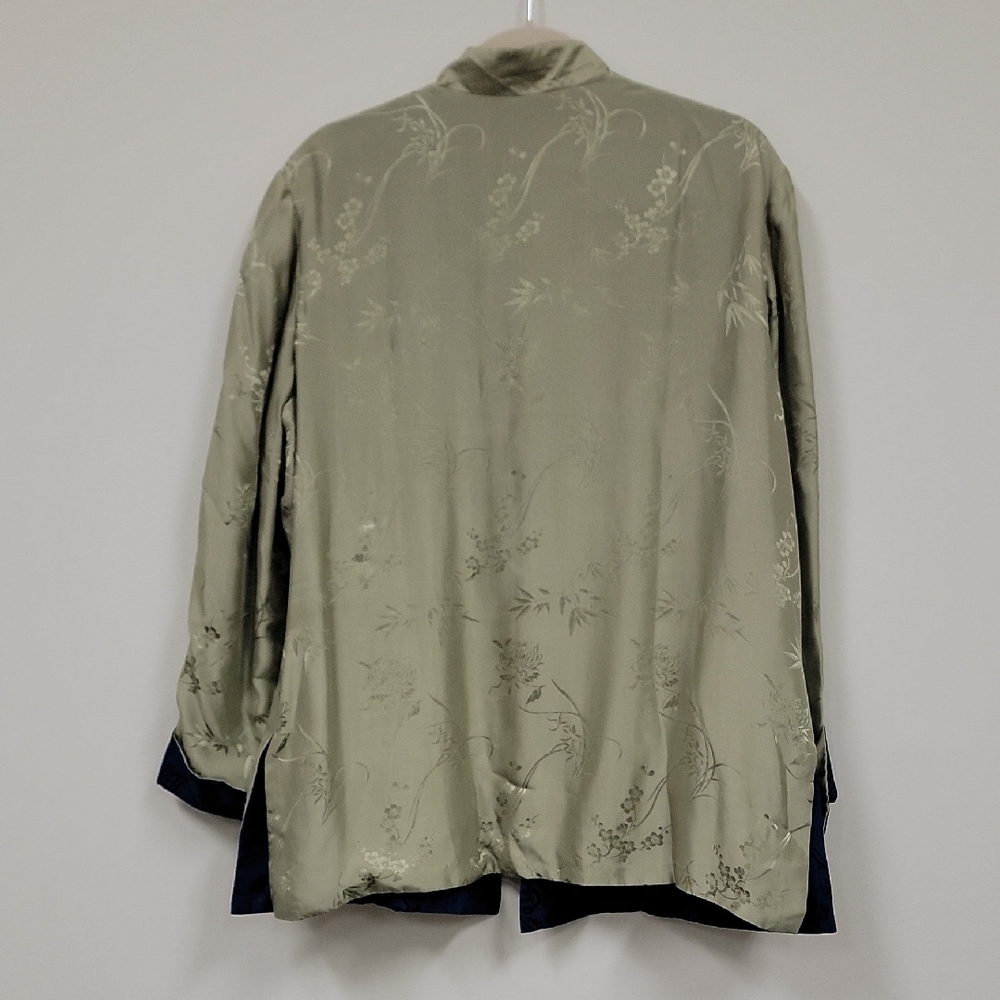 Reversible Asian Inspired Jacket Sage Green Blue Frog Closure Mandarin Collar - Picture 2 of 10